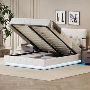 White Wood Frame Queen Size PU Leather Upholstered Platform Bed with Hydraulic Storage Space, RGB LED Light