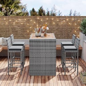 5-Piece Wicker Rectangular Bar Height Outdoor Serving Bar Set with Non-Slip Feet, Fixed Rope, Grey Cushions