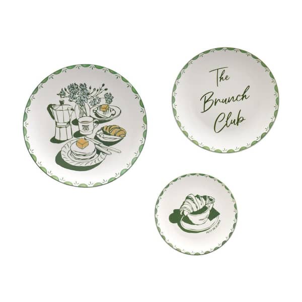 Ceramic "The Brunch Club" Wall Plate Set of 3, Green/White Round Earthenware 0.75 in. Kitchen Breakfast Wall Decor