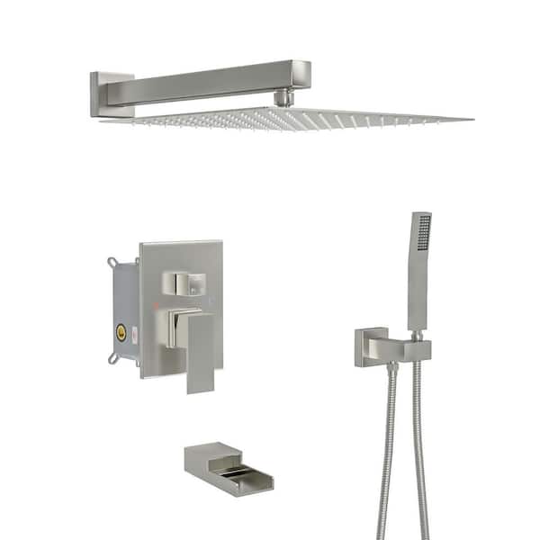3-spray 10 in. Dual Rainfall Shower Head and Handheld Shower Head in Brushed with Tub Filler