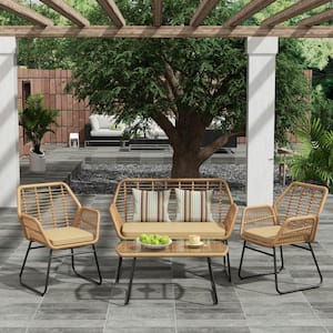 MOLLY 4-Piece Wicker Patio Conversation Set with Beige Cushions