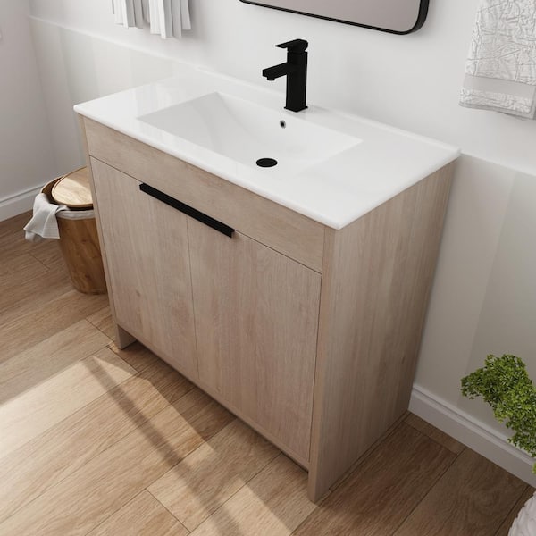 36 in. W x 18 in. D x 34 in. H Freestanding White Oak Bath Vanity with White Ceramic Single Sink and Storage Cabinet