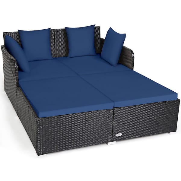 Gymax Wicker Outdoor Rattan Patio Day Bed Loveseat Sofa Yard with Navy Cushions Pillows