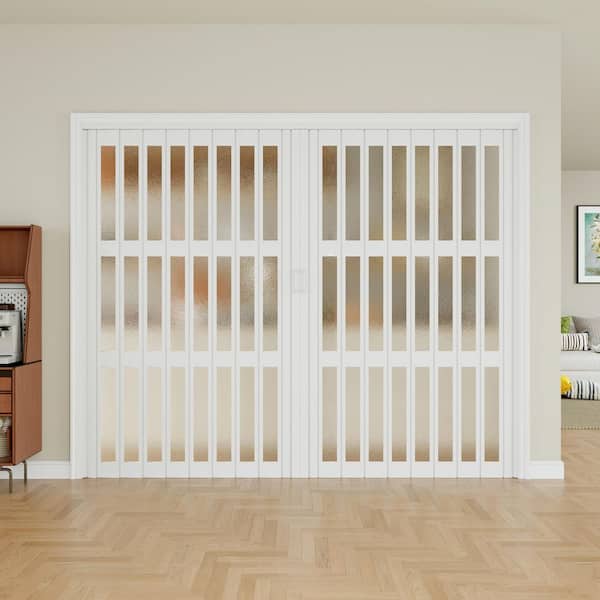 Blackout Door 96 in. x 80 in. White Dual 3-Lite PVC Accordion Door with Frosted Acrylic Glass with Hardware Kit