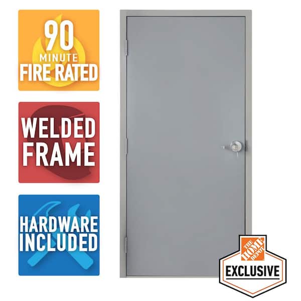 Armor Door 36 in. x 80 in. Fire-Rated Gray Right-Hand Flush Entrance Steel Prehung Commercial Door with Welded Frame and Hardware
