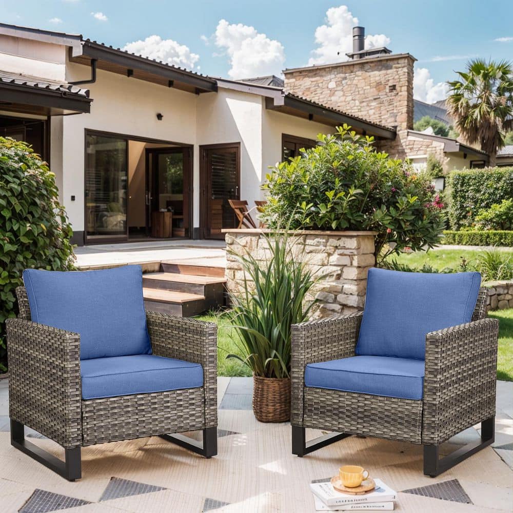 UvaNest 2-Piece Gray Wicker Outdoor Lounge Chair with Deep Seating and Blue Cushions Patio Club Arm Chair Set price history on PriceWatchPro