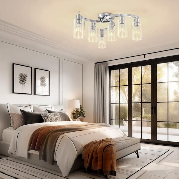 21 in. 6-Light Brushed Nickel Semi Flush Mount Ceiling Light, Modern Clear Glass Fixture for Bedroom, Hallway & Entryway