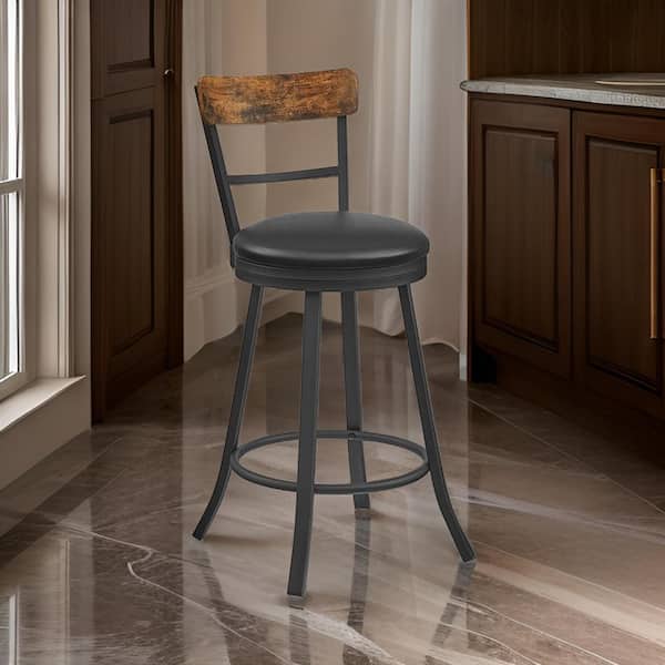 Benjara 25.8 in. Black and Brown Low Back Metal Frame Bar Stool with Faux Leather Seat