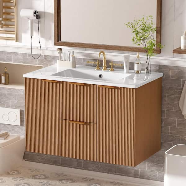 Ziyudura 36 in. Double Sink Floating Natural Wood Bath Vanity with