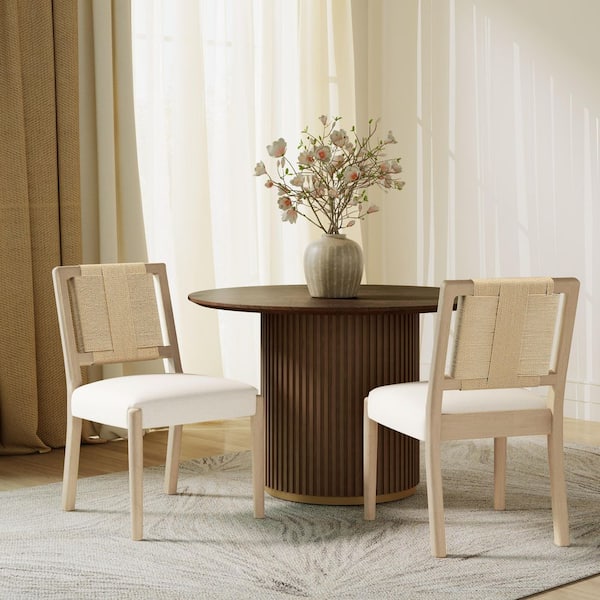 Light Ash Finish Solid Wood Dining Chair Side Chairs with Woven Rope Backrest (Set of 2)