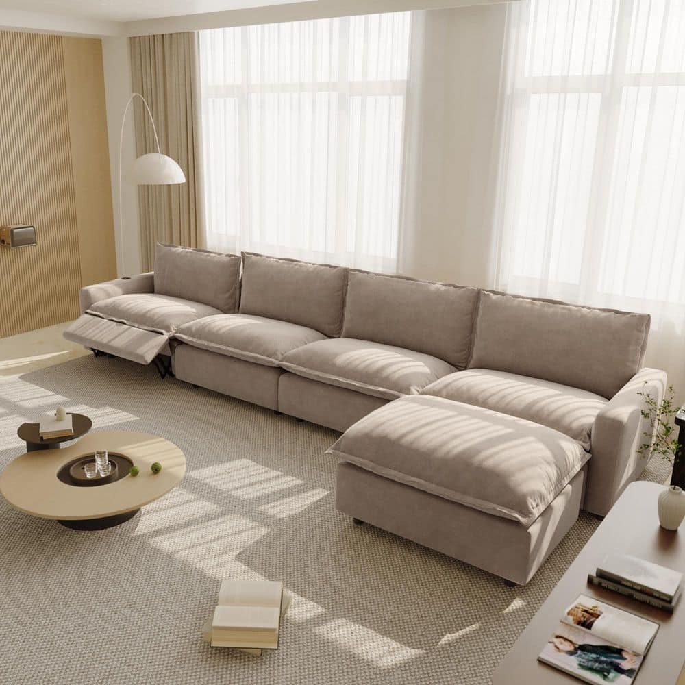 157.48 in. Square Arm Linen 5-Piece Modular Sectional Sofa w/ Heated Power Recliner, USB and Wireless Charging in Brown