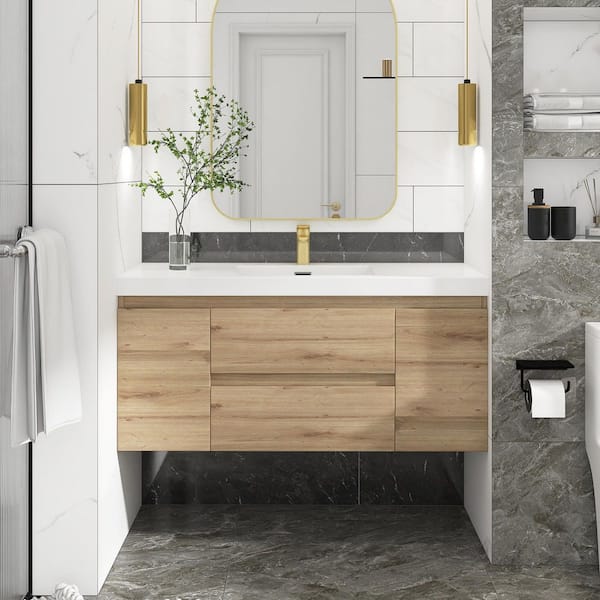47 in. W x 19.5 in. D x 22.5 in. H Single Sink Wall-Mounted Bath Vanity in Natural Oak with White Resin Top