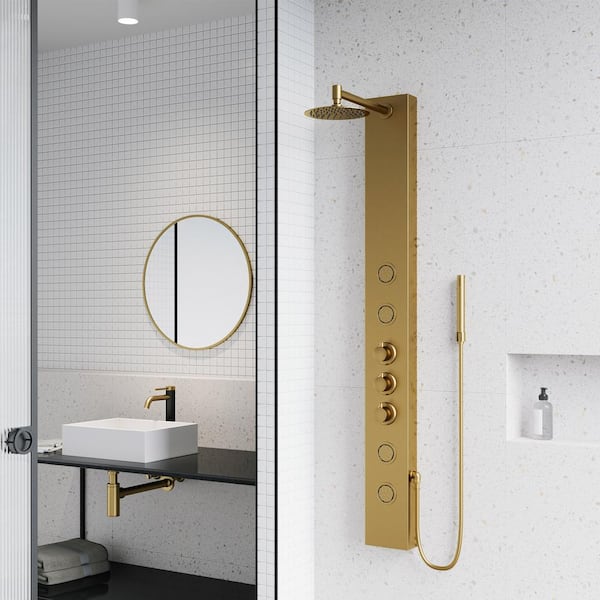 Ellington 59 in. H x 6 in. W 4-Jet Shower Panel System with Round Head and Hand Shower Wand in Matte Brushed Gold