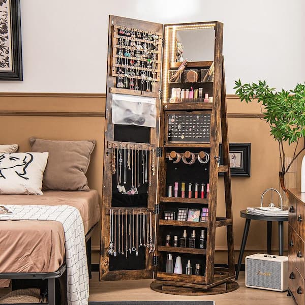 360° Rotating Mirrored Jewelry Cabinet w/High Mirror and Storage Shelves Coffee