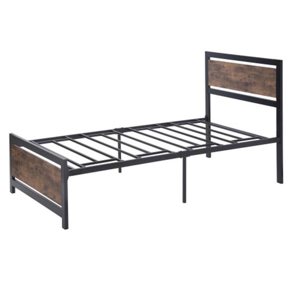 ZIRUWU Black Metal and Wood Bed Frame with Headboard and Footboard