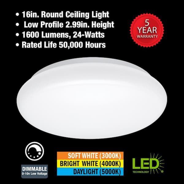 16 in. Low Profile White Round  LED Flush Mount Ceiling Light 120-277V 1600 Lumens 24W Adjustable CCT Dimmable