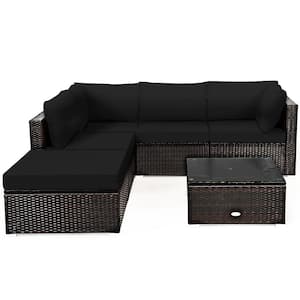 6-Piece PE Wicker Outdoor Patio Conversation Sofa Set with Black Cushions