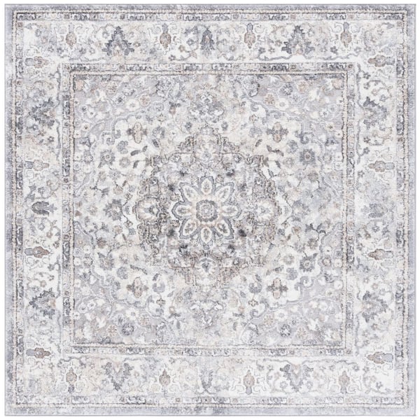 SAFAVIEH Opal 7 ft. x 7 ft. Gray/Ivory Distressed Floral Border square Area Rug