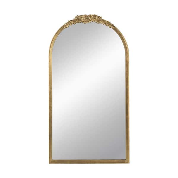 Tatahance 28 in. W x 53 in. H Arch Gold Metal Frame Hand Carved Rose Decor Dressing Wall Mirror