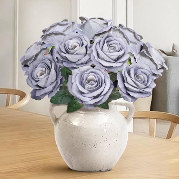 LIVING LUXURY 16 in. Grey Blue Artificial Velvet Rose Flower Stem
