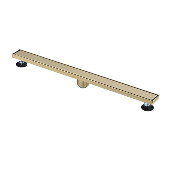 36 in. Linear Floor Stainless Steel Shower Drain with Hair Strainer and Leveling Feet in Brushed Gold