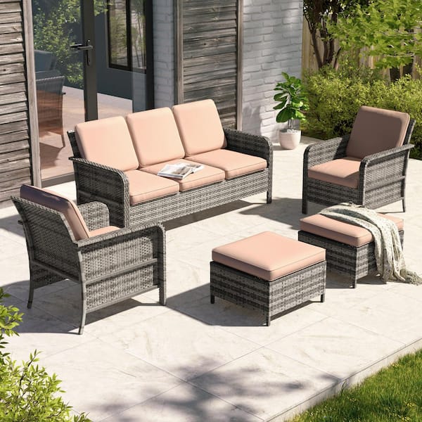 JOYESERY 5-Piece Gray Wicker Outdoor Conversation Seating Sofa Set, Sand Cushions with 3-Seater Sofa, Ottomans