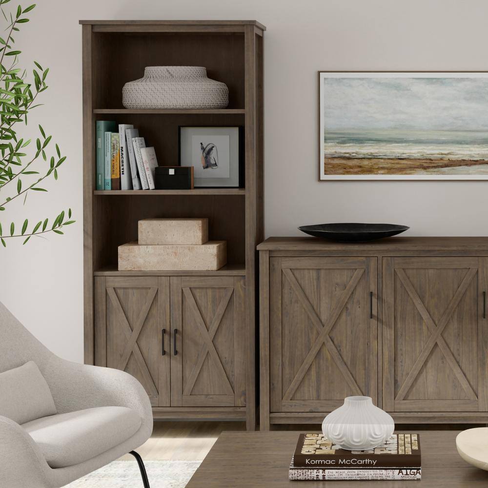 Ela Smoky Brown Solid Wood Adjustable Bookcase with Doors