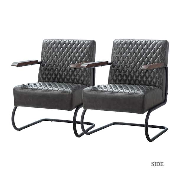 JAYDEN CREATION Caddoan Lesuire Black Leg Anthracite PU Arm Chair with Tufted Back (Set of 2)
