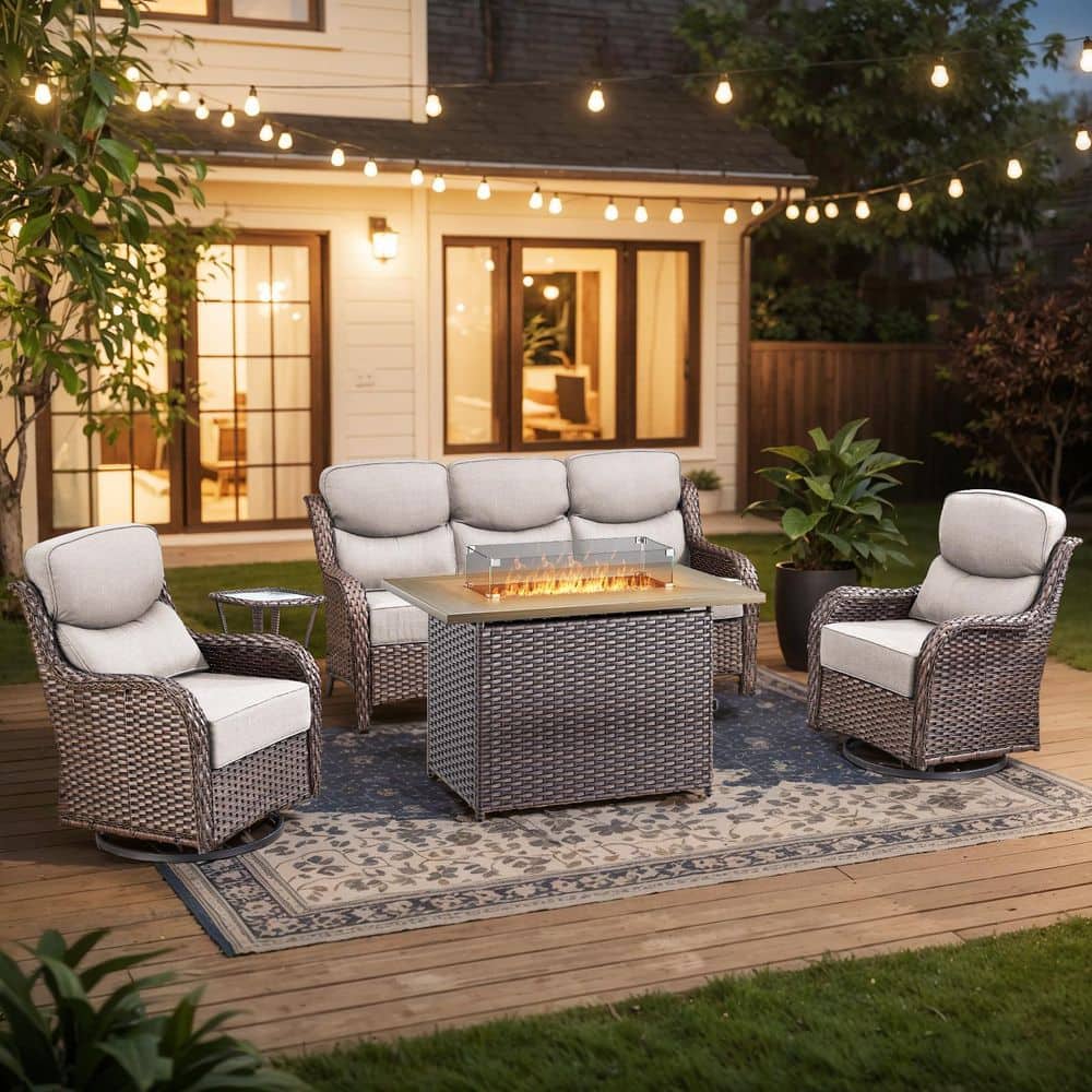 Holion 5-Piece Brown Wicker Patio Conversation Set Wicker Patio Fire Pit Table Sectional Seating Set with Beige Cushions price history on PriceWatchPro