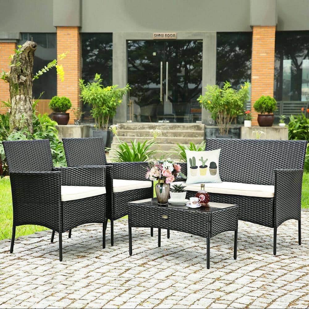 Modern Black Wicker 4-Piece Patio Set with White Cushions
