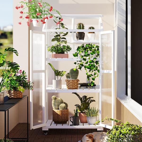 62 in. Portable Greenhouse with Wheels and Adjustable Shelves for Indoor Outdoor Patio Balcony Garden, White