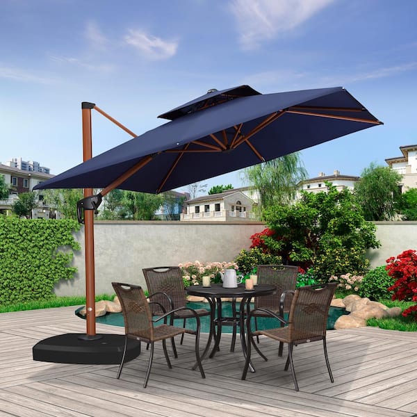 PURPLE LEAF 9 ft. Square High-Quality Wood Pattern Aluminum Cantilever Polyester Patio Umbrella with Wheels Base, Navy Blue