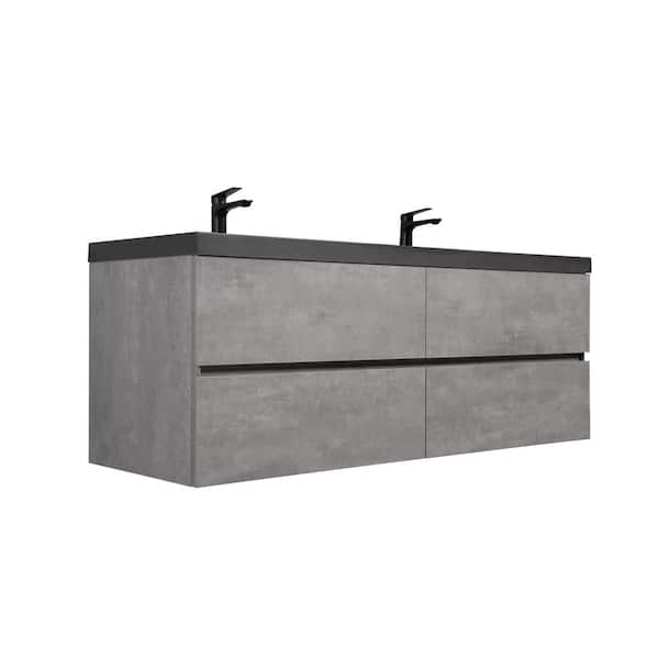 60 in. W Floating Double Sink Bath Vanity in Grey with Matt Black Quartz Sand Top