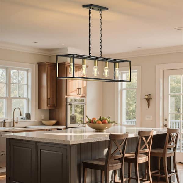5-Light Matte Black and Gold Farmhouse Kitchen Island Lighting, Modern Rectangular Chandeliers for Dining room Foyer