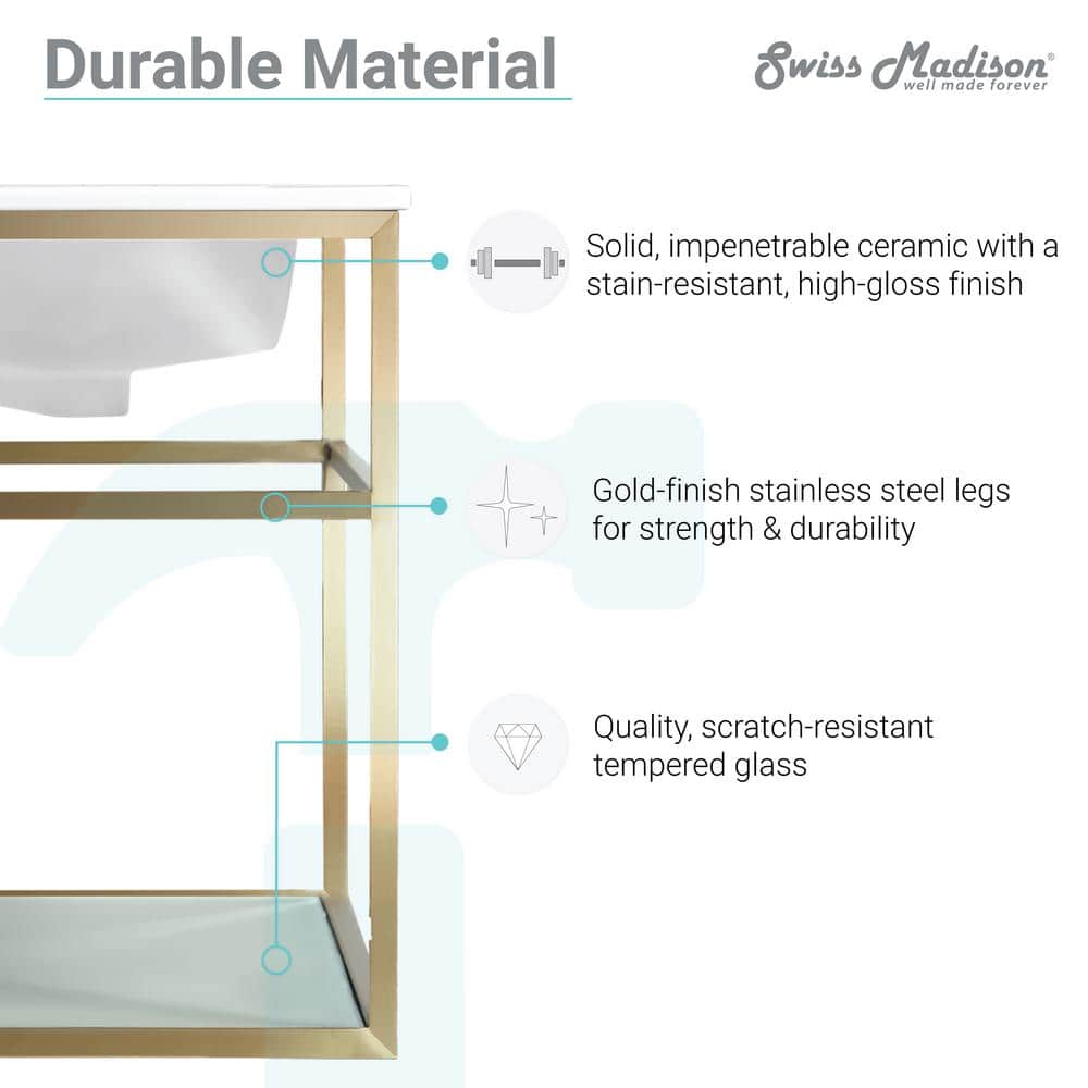 Pierre 36" Gold Stainless Steel Floating Bathroom Vanity with Glossy White Ceramic Sink
