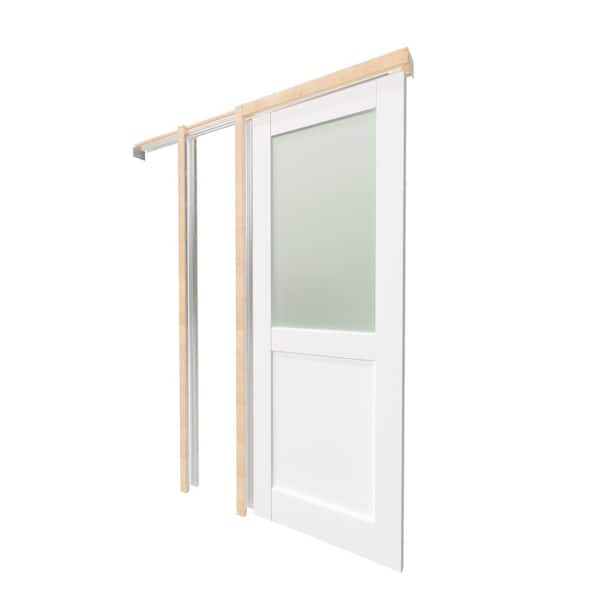 TENONER 30 in. x 80 in. MDF Wood Finished, Primed, White, 1/2 Lite, Frosted Glass Pocket Door Frame with All Hardware