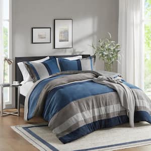 Boulder Stripe 3-Piece Blue Full/Queen Pieced Faux Suede Comforter Set