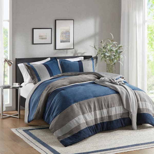510 Design Boulder Stripe 3-Piece Blue Full/Queen Pieced Faux Suede Comforter Set