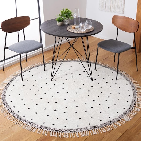 Easy Care Ivory/Black 6 ft. x 6 ft. Machine Washable Pokat Dot Border Solid Color Round Area Rug