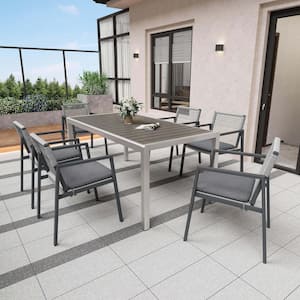 Arboris 7-Piece Patio Black Aluminum Outdoor Dining Set with Grey Cushions, Woven Rope