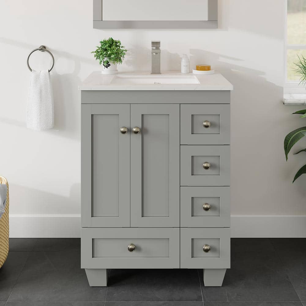 Gray Solid Wood Bathroom Vanity with White Quartz Top, 24-inch