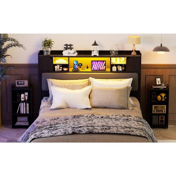 PAKASEPT Black Queen Size Headboard with Upholstered, Lights