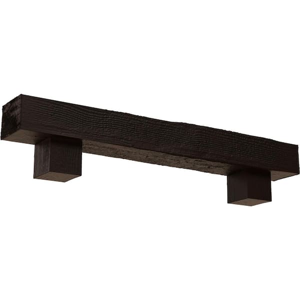 Ekena Millwork 4 in. x 8 in. x 6 ft. Rough Sawn Faux Wood Fireplace Mantel Kit, Alamo Corbels, Premium Hickory