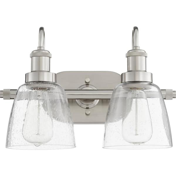 Hollis Transitional, 16 in. W 2-Lights Aged Brass Fixture Color Finish Vanity Lights with Seeded Glass Shade