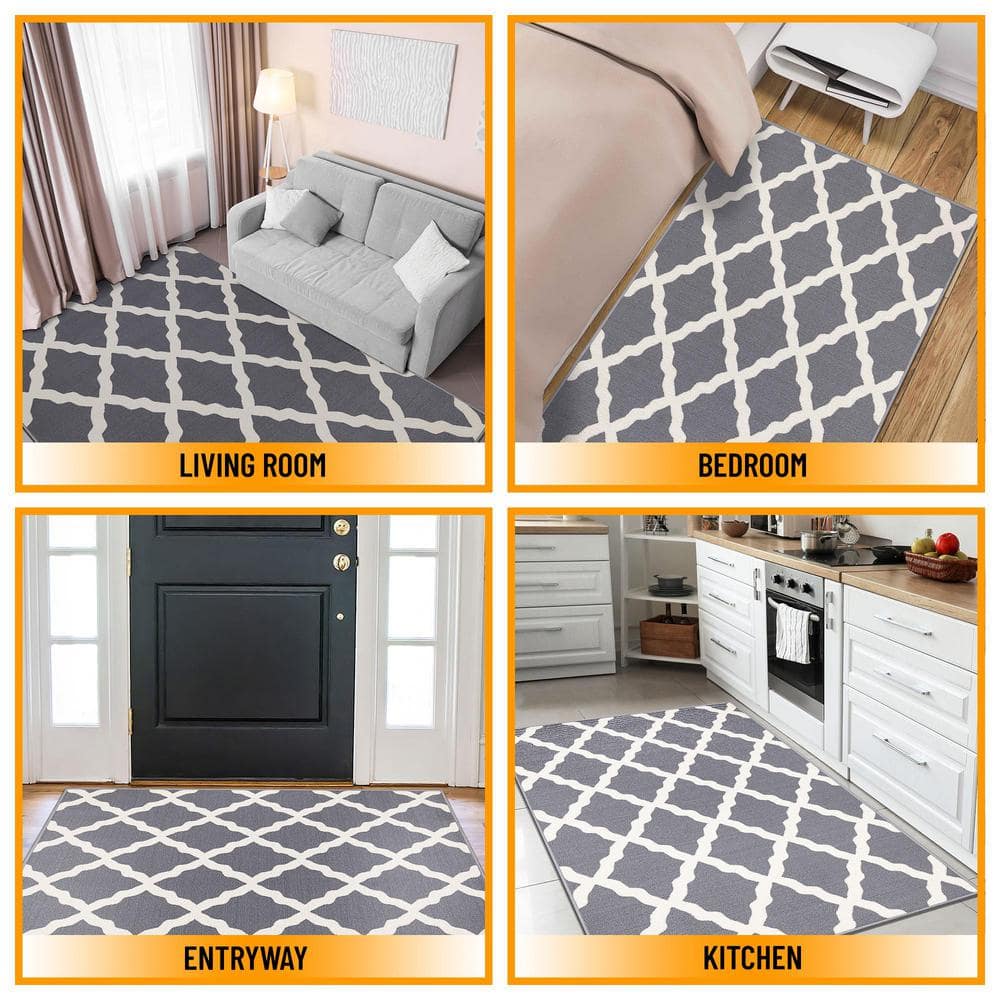 Gray and White Washable Non-Slip Trellis Area Rug