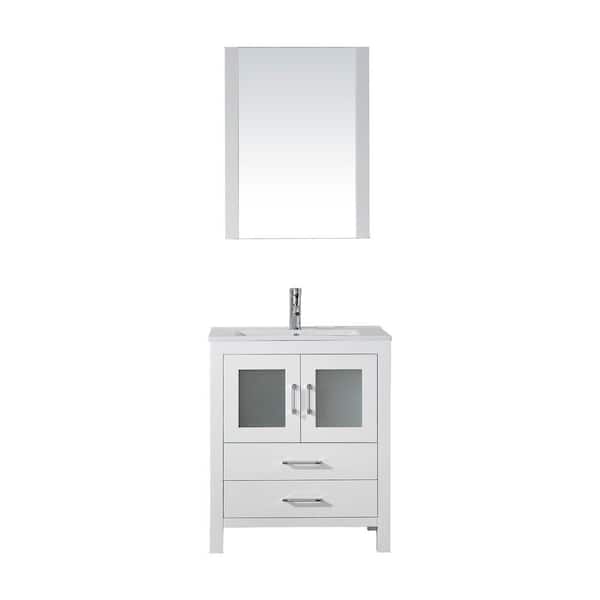 Virtu USA Dior 28 in. W Bath Vanity in White with Ceramic Vanity Top in Slim White Ceramic with Square Basin and Mirror