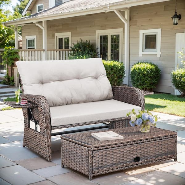 Wicker Patio Outdoor Daybed with Loveseat and Storage Ottoman, Beige Cushions, 5-Level Adjustable Backrest and 2 Trays