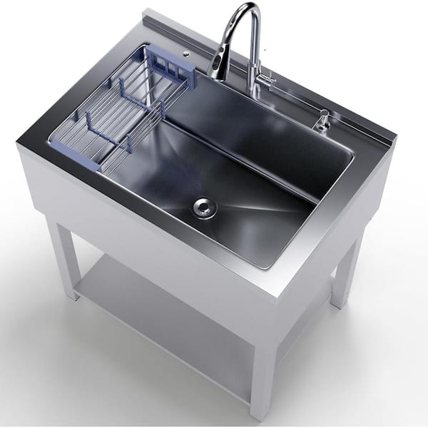 Adrinfly 20 in. D x 36 in. W Freestanding Stainless Steel Utility Sink in White with Faucet, Cold/Hot Water Hoses and Drain Kit