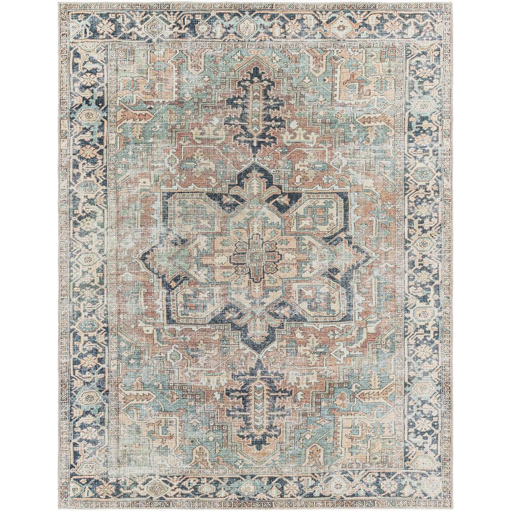 Santi Green and Grey Traditional Distressed Washable Rug