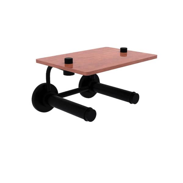 Allied Brass Prestige Skyline Collection Wall Mounted Toilet Paper Holder in Matte Black with Wood Shelf